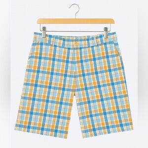 Slazenger Men’s Golf Shorts Size 32x10 Orange Blue Plaid Stretch Flat Front